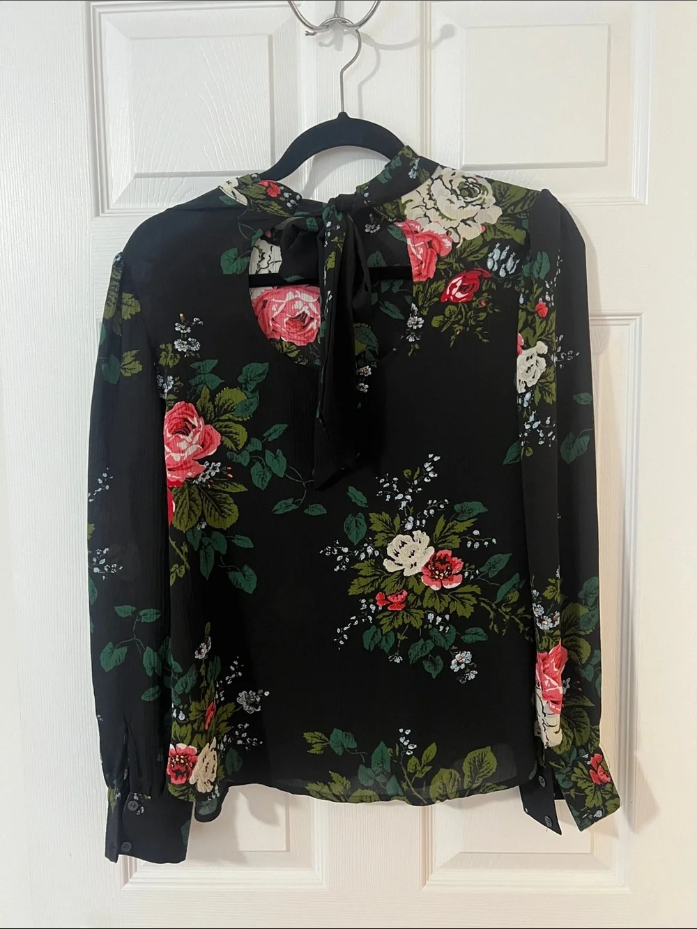 LOFT Black Floral High-Neck Long-Sleeve Blouse with Pink and Cream Roses